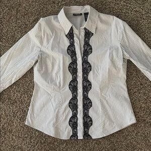 New York & Company White Striped Shirt with black lace trim